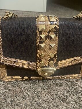 Michael Kors Brown Monogram Crossbody with Snake-Print Trim & Gold Studs